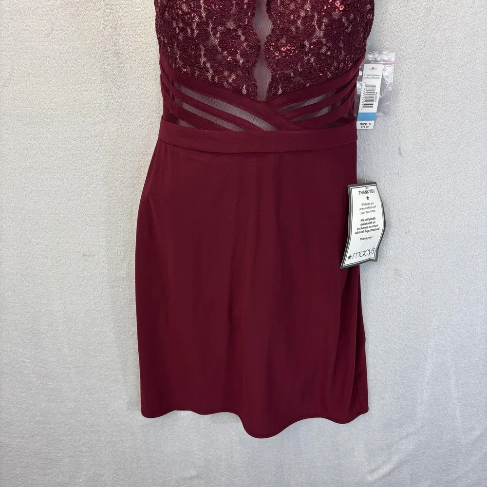 NWT Morgan & Co Lace Sequin Cutout Dress Juniors 5‎ Merlot Red Halter Party NEW